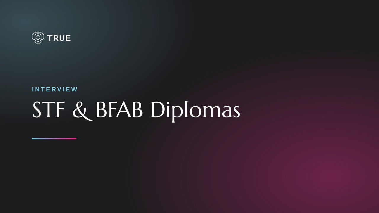 TRUE interview header for the STF Ingenjörsutbildning and BFAB diploma programs, issued as blockchain secured diplomas