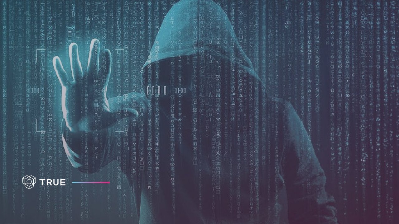 AI-generated fake certificates: a hooded figure behind streams of code raises a hand to a scanner, with the TRUE logo