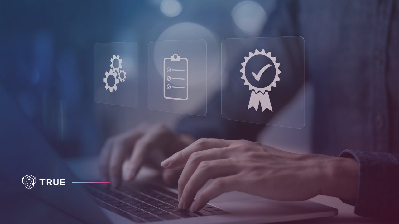 Hands typing on a laptop under floating icons of gears, a checklist and an award seal with a tick, illustrating certificate vs diploma vs badge