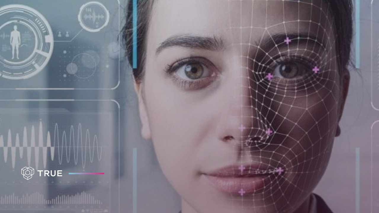 Woman's face overlaid with a facial recognition mesh and biometric data panels, illustrating digital identity verification in 2026