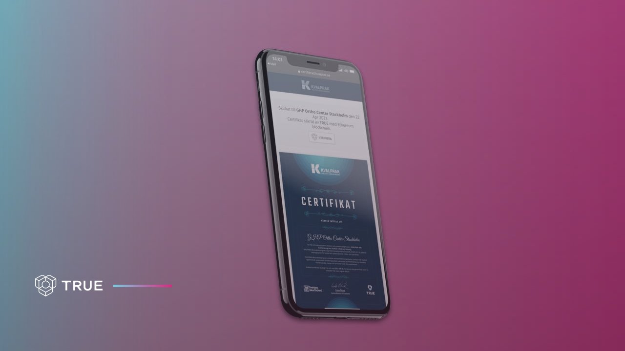 Digital training certificate open on a smartphone: a TRUE document with a verification button, TRUE logo on a teal and magenta background