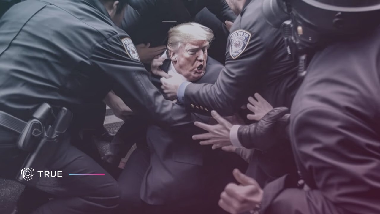 AI-genererad falsk bild av poliser som griper Donald Trump (Midjourney, mars 2023), en förfalskning som illustrerar kända bedrägerier