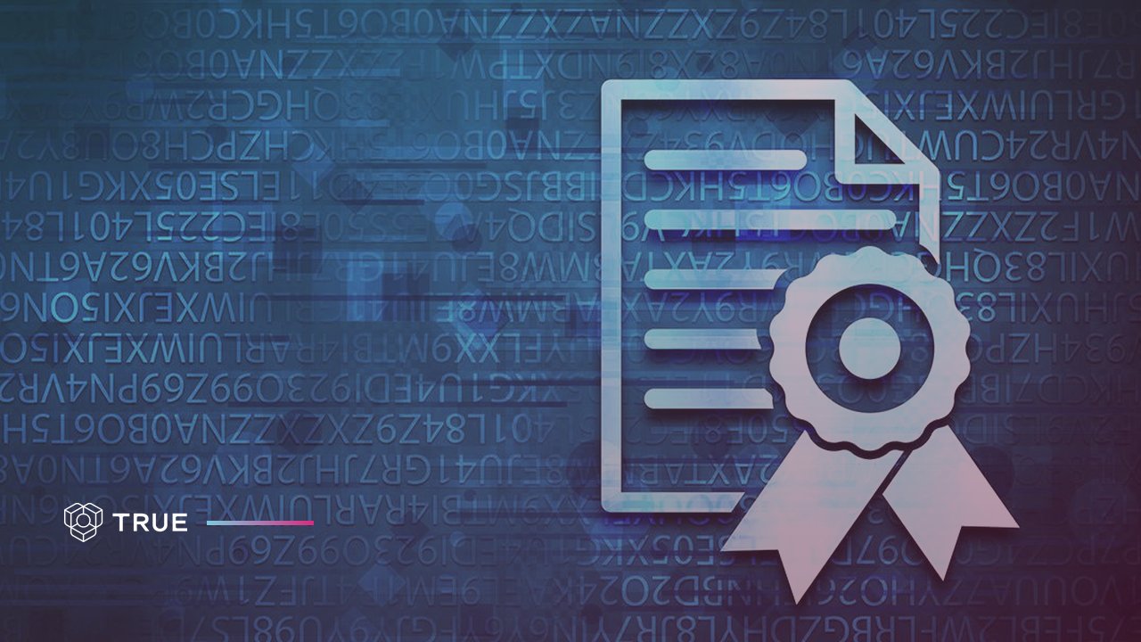 Document icon with an official seal over a background of code, illustrating blockchain in government and verifiable public documents