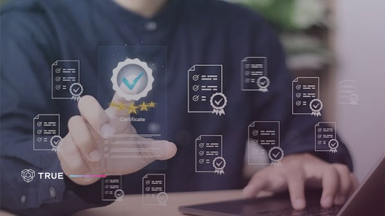 Person selecting a verified micro-credential among floating digital certificate icons