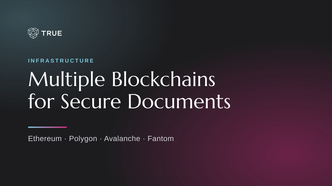 Blockkedja för dokument: TRUE:s titelkort med texten Multiple Blockchains for Secure Documents mot mörk bakgrund