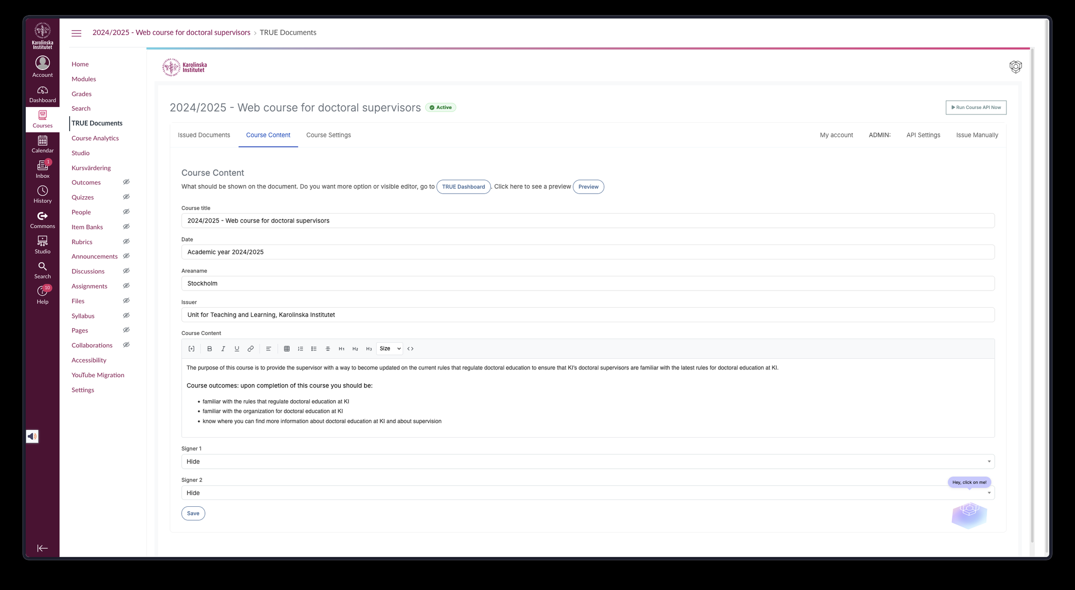 TRUE Documents Course Content tab inside Canvas, showing the certificate text fields