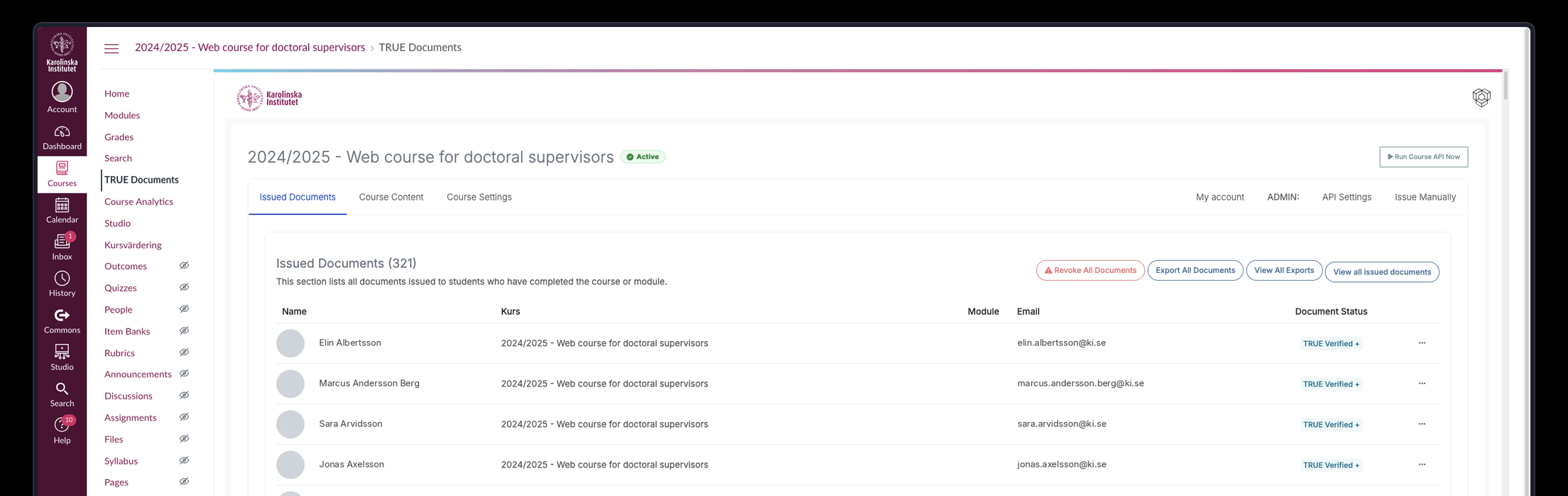 TRUE Documents tab inside Canvas, Issued Documents view, showing a table of recipients and their verification status